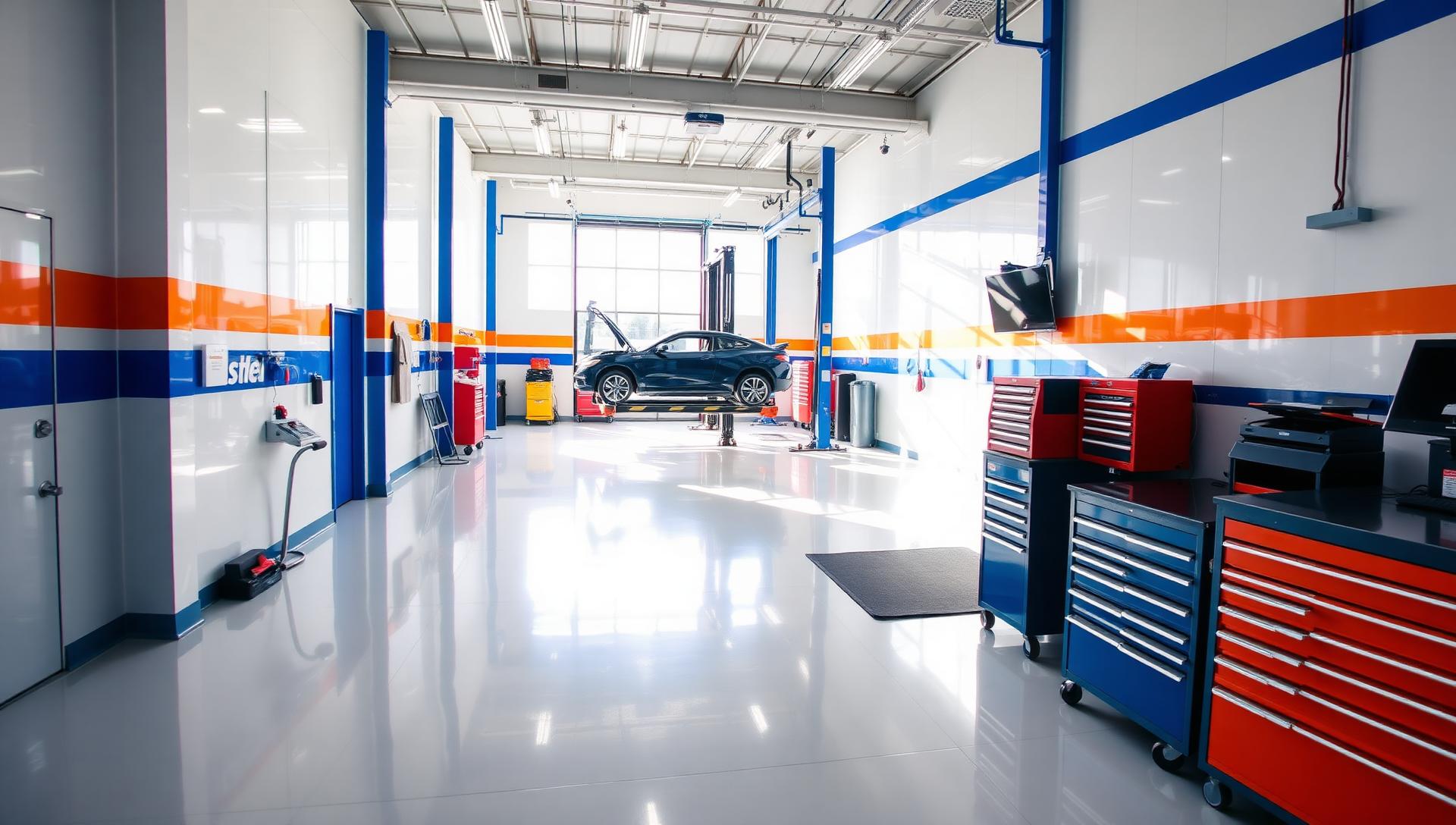 Bright, modern auto repair shop with a vehicle on the lift